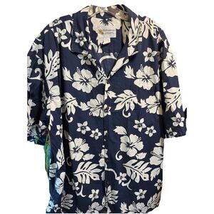 AlohaWears VTG Shirt Men 3XL Short Sleeve Button Navy White Floral Hawaiian USA
